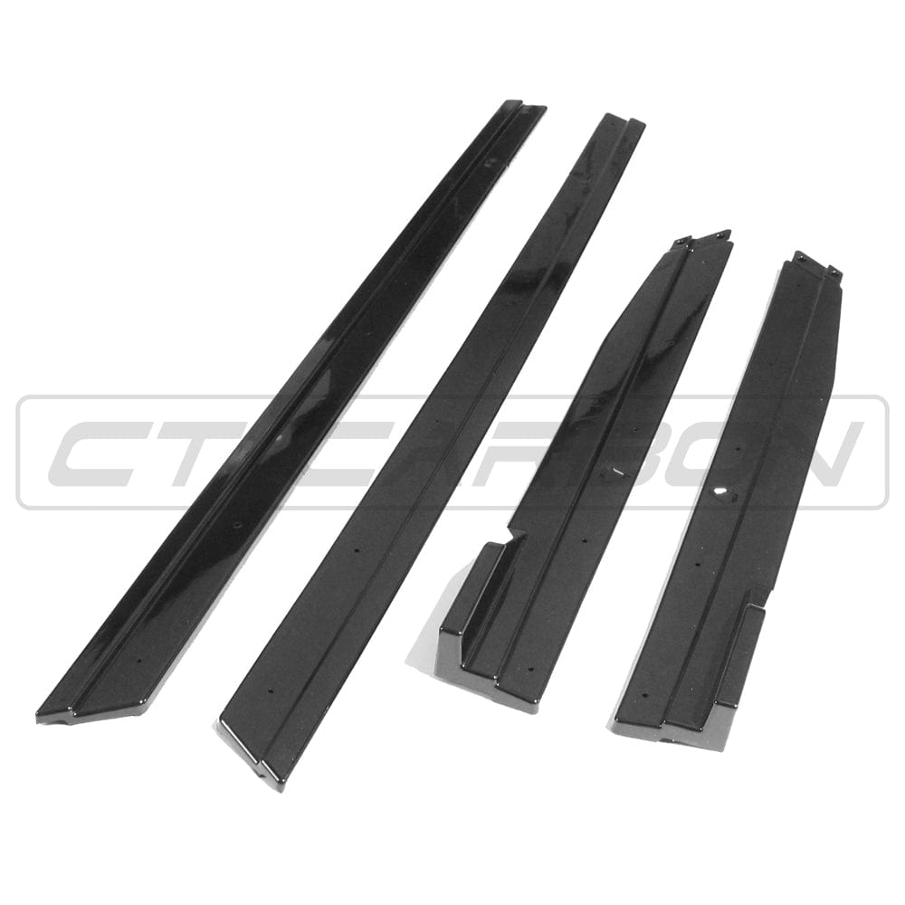 Gloss black side skirts for Volkswagen Golf R, GTD, and GTI MK7/7.5 2014-2020 by CT Carbon, shown on a sleek car profile.