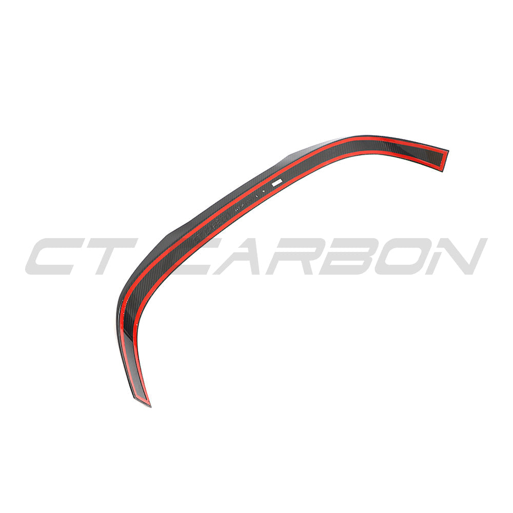 VW Golf MK8 CS carbon fibre spoiler by CT Design, showcasing the sleek, aerodynamic carbon fibre finish on the car's rear edge.