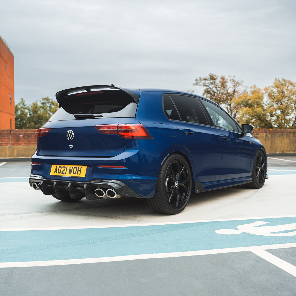 VW Golf MK8/MK8.5 R carbon fibre diffuser by CT Carbon, showcasing sleek aerodynamic design on a 2020+ model.