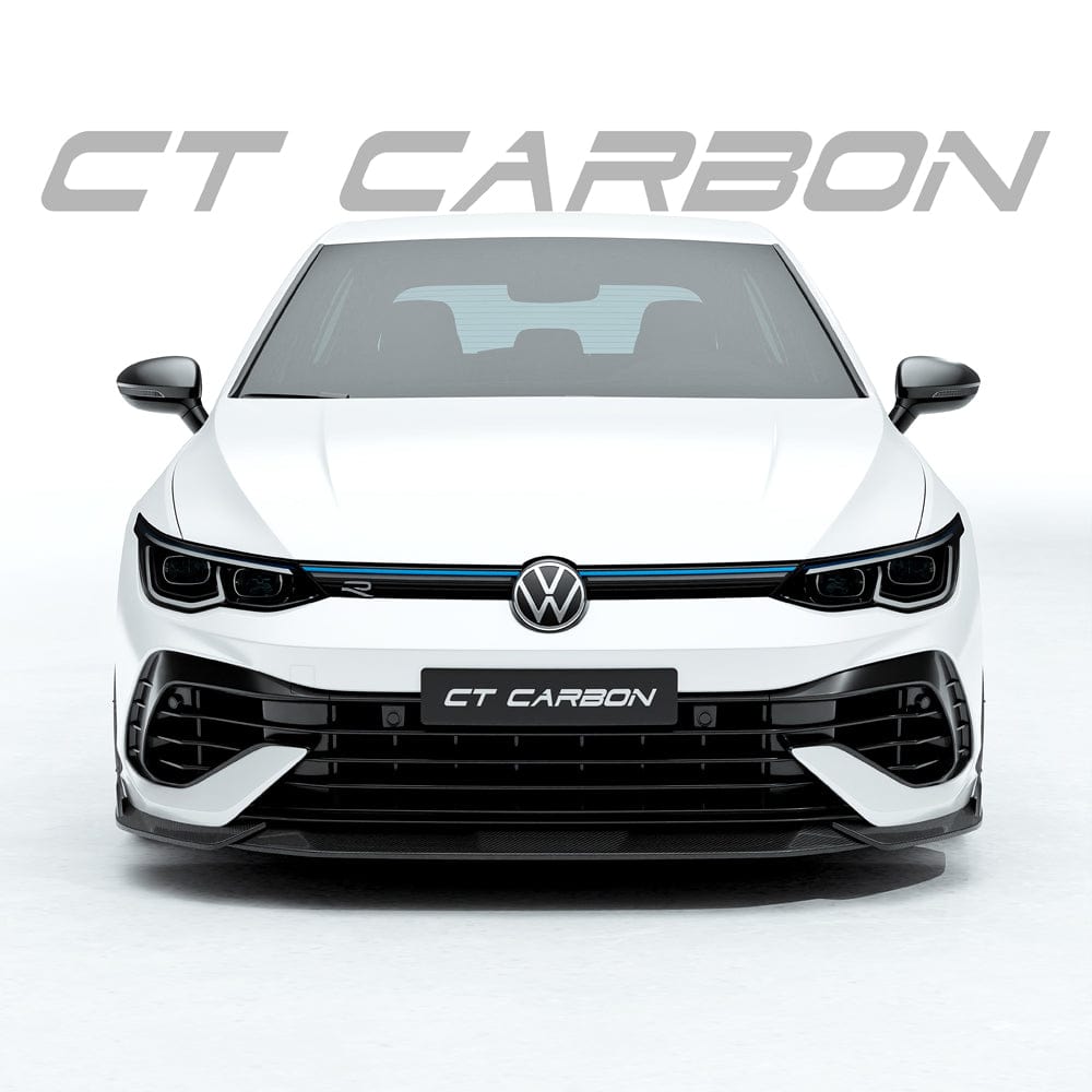 VW Golf MK8 R carbon fibre splitter by CT Design, showing the sleek aerodynamic front splitter with detailed carbon fiber texture.