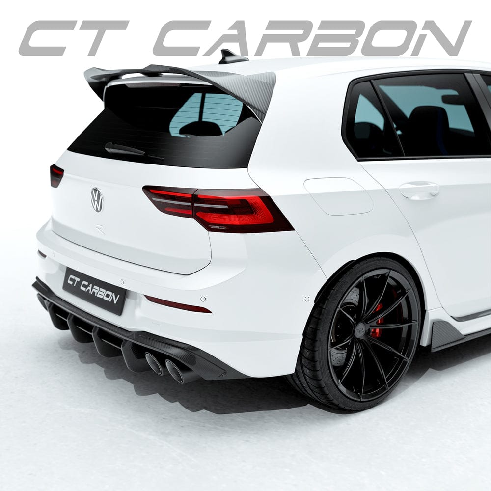 VW Golf MK8 R full carbon fibre kit by CT Carbon, showing sleek carbon fiber exterior components on the car.
