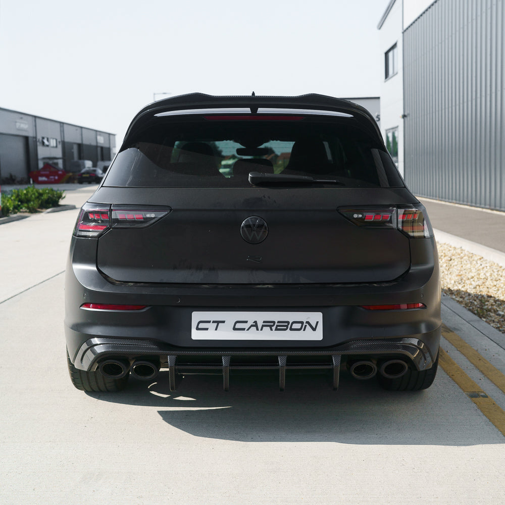 VW Golf MK8/MK8.5 R 2020+ carbon fibre diffuser by CT Carbon, satin black finish, showcasing sleek aerodynamic design.