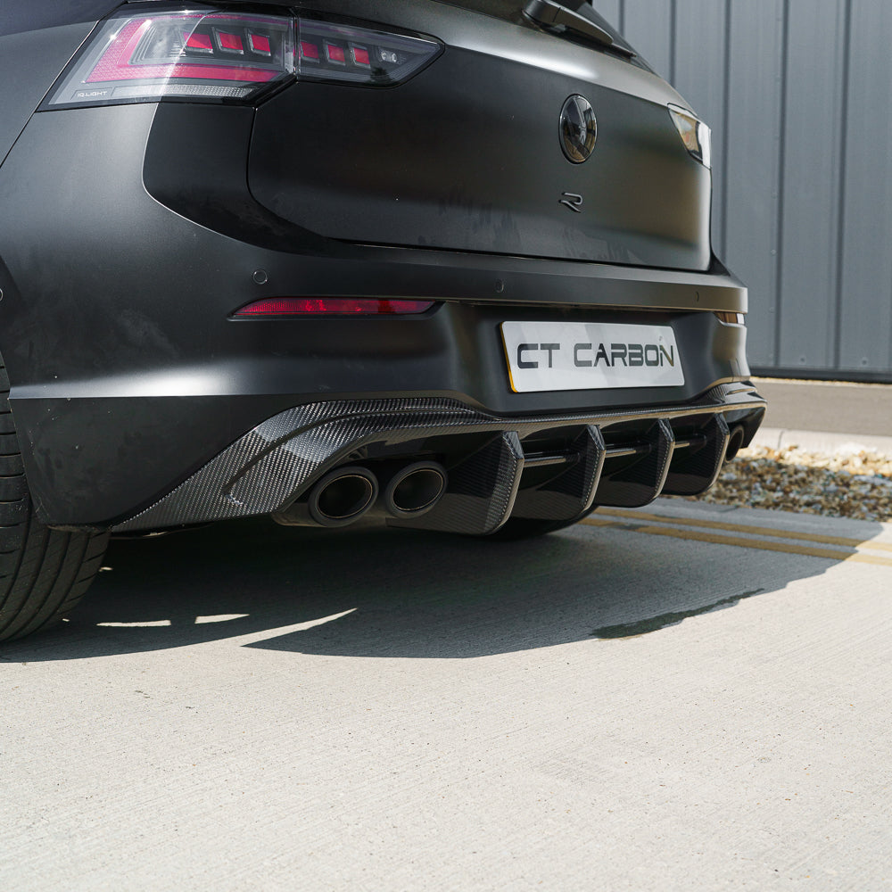 VW Golf MK8/MK8.5 R 2020+ carbon fiber diffuser by CT Carbon, satin black finish, visible aerodynamic design details