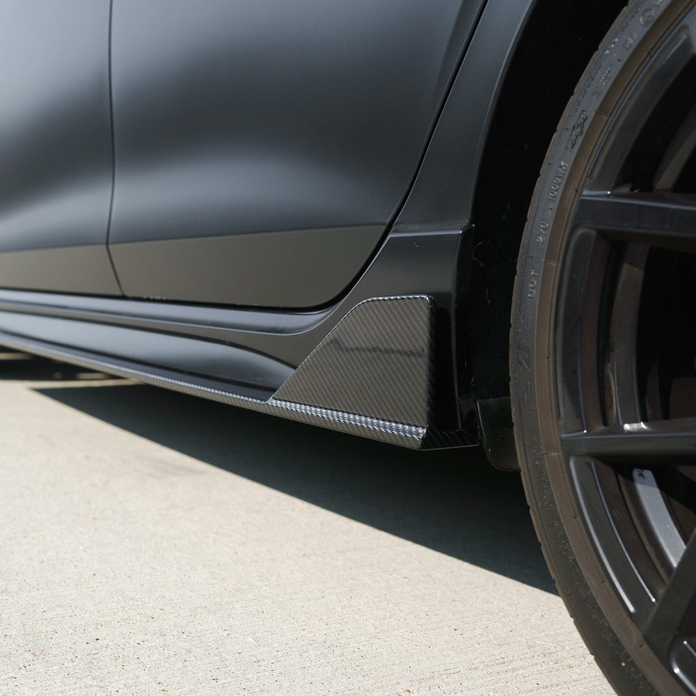 VW Golf MK8 and MK8.5 R side skirts by CT Carbon in satin black finish, showcasing carbon fiber construction and sleek design.