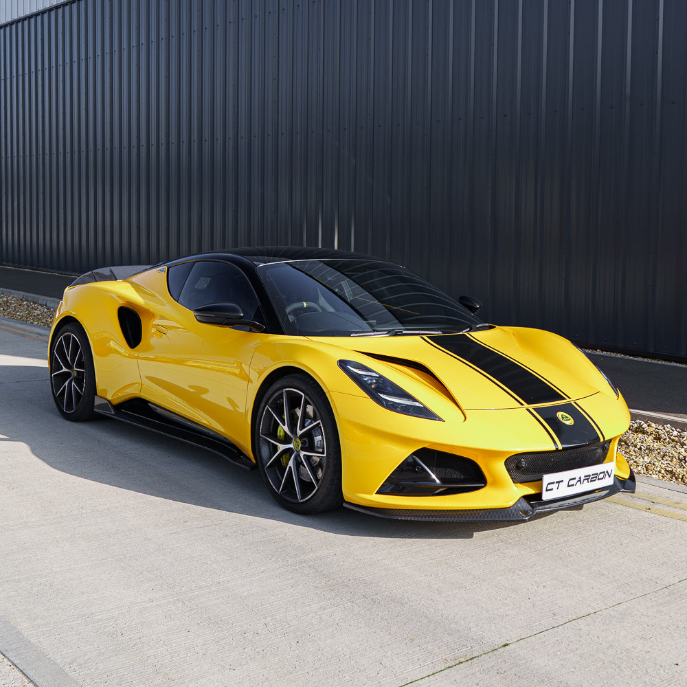 Yellow Lotus Emira 2022+ full carbon fibre kit by CT Carbon, showing detailed exterior carbon parts on the sports car.