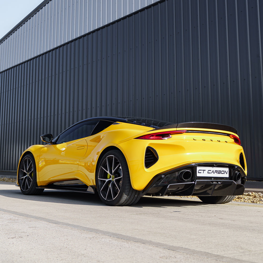 Yellow Lotus Emira full 2022+ carbon fibre kit by CT Design, showcasing lightweight, high-quality carbon fibre components.