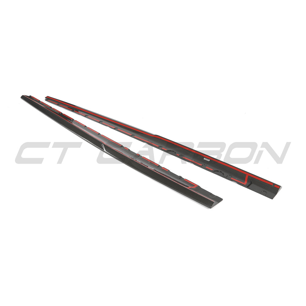 Audi R8 V10 Gen 2.5 carbon fibre side skirts by CT Carbon, showing sleek aerodynamic design and textured carbon fiber surface.