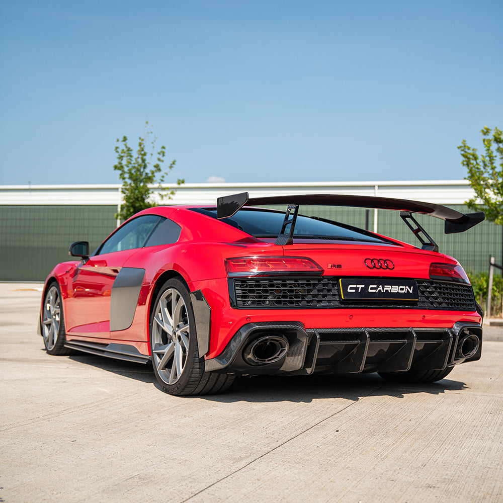 Audi R8 V10 Gen 2.5 carbon fiber full kit by CT Carbon, featuring detailed carbon fiber accents and aerodynamic enhancements.