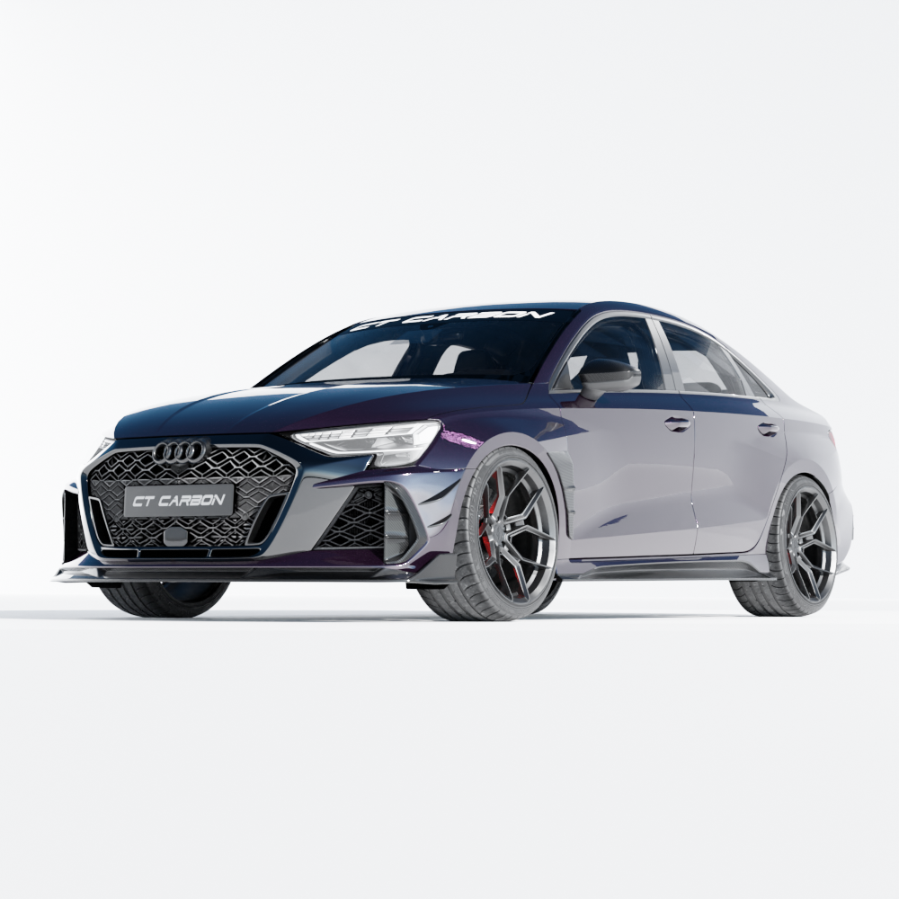 Full Audi RS3 8Y 2025+ facelift saloon carbon fibre kit by CT Carbon, showing detailed carbon fibre body parts and aerodynamic design.