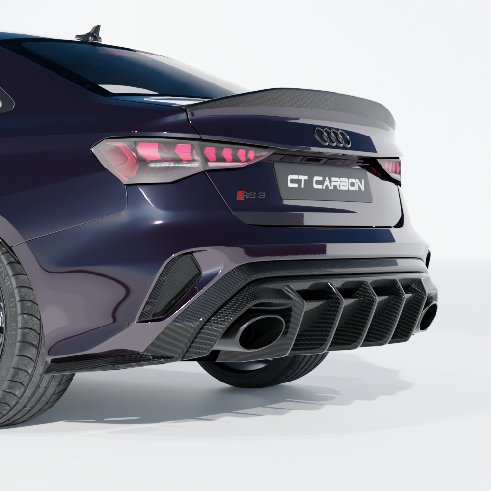 Audi RS3 8Y 2025+ facelift saloon full carbon fiber kit by CT Carbon, shown on the car's exterior with detailed carbon fiber components.