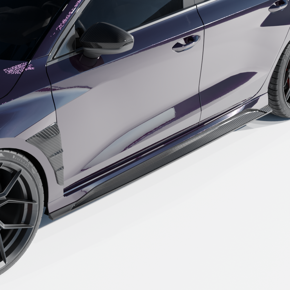 Full Audi RS3 8Y 2025+ facelift saloon carbon fibre kit by CT Carbon, including front, side, and rear components in high gloss black.