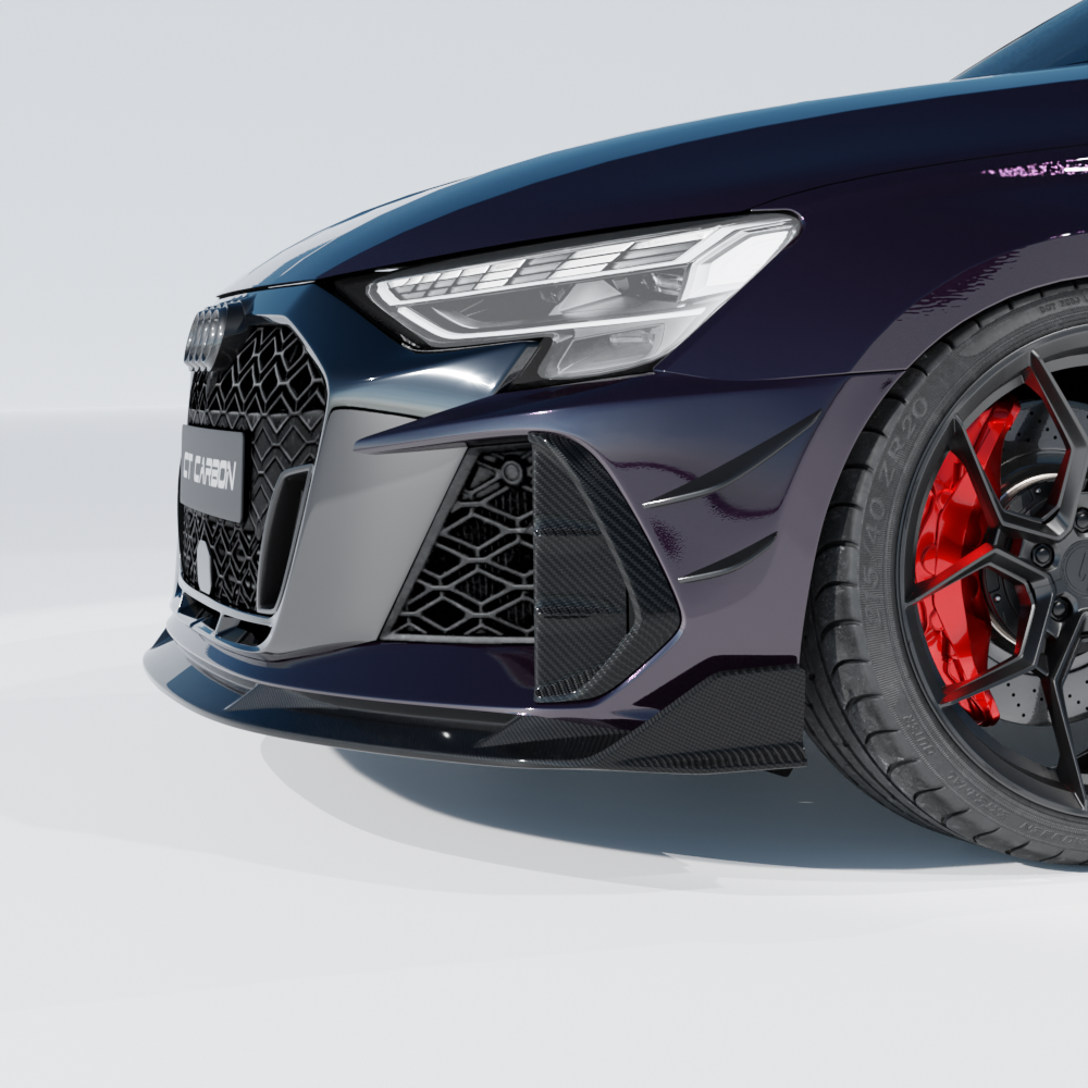 Audi RS3 8Y 2025+ facelift saloon full carbon fibre kit by CT Carbon, featuring aerodynamic panels and sleek carbon fiber accents.