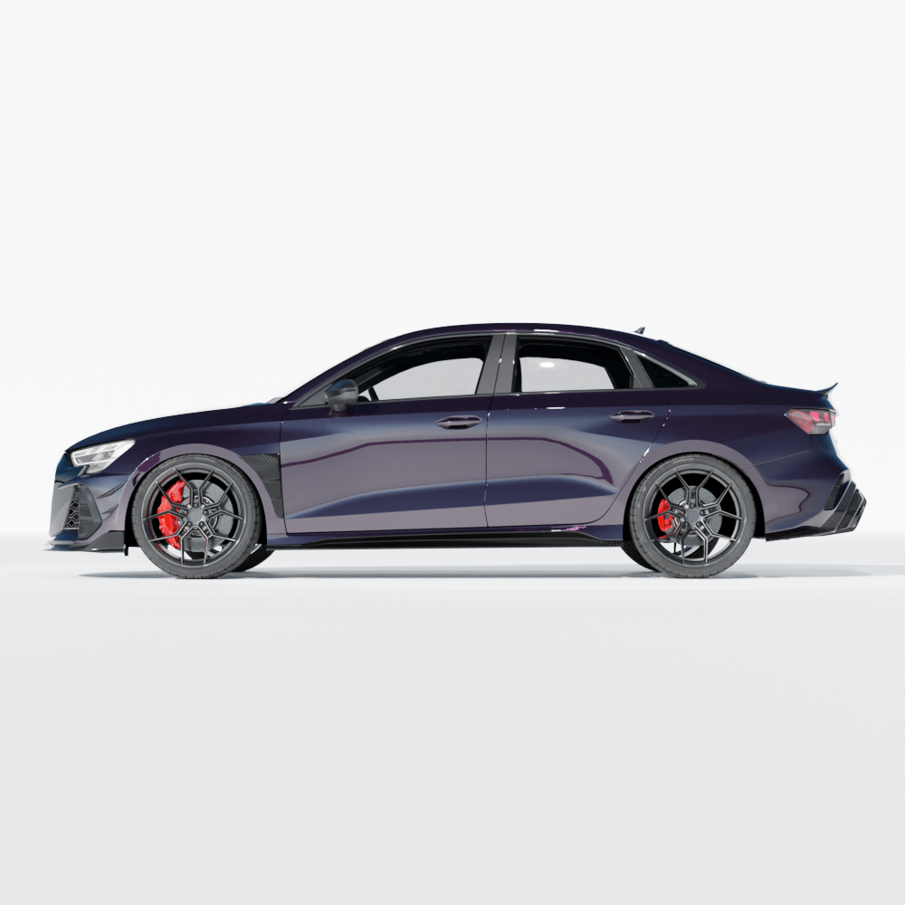 Full car side view of a black Audi RS3 8Y facelift saloon with CT Carbon V2 full carbon fibre kit installed.