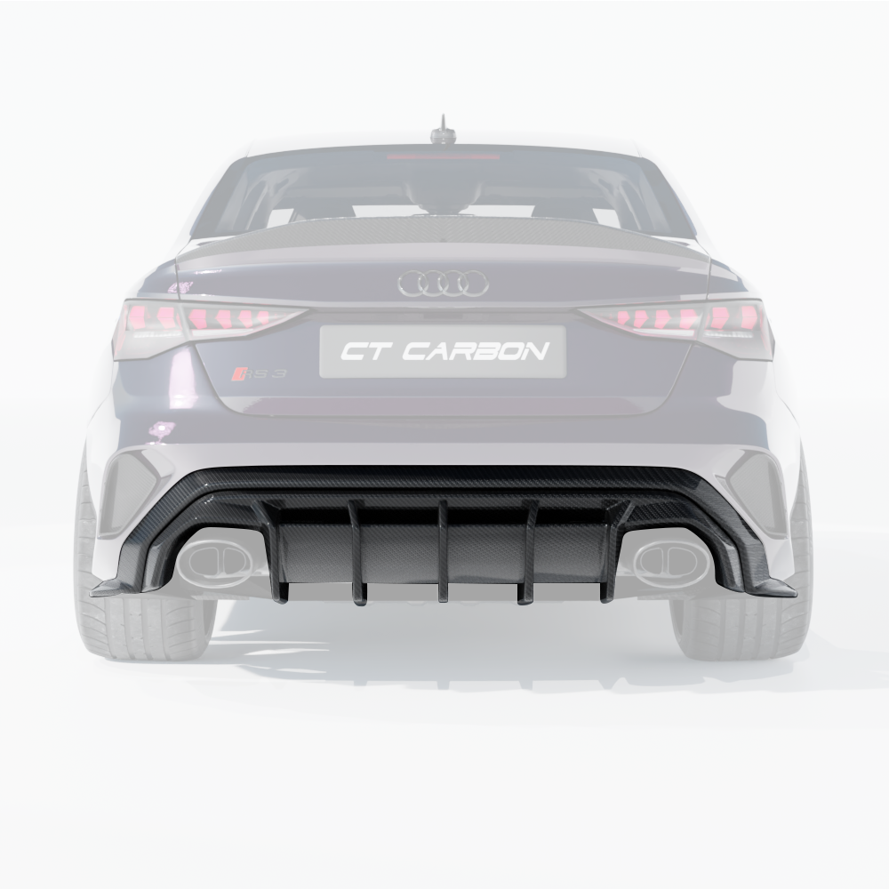 Audi RS3 8Y saloon carbon fiber diffuser by CT Design, showcasing sleek V1 aerodynamic design with detailed carbon fiber texture.