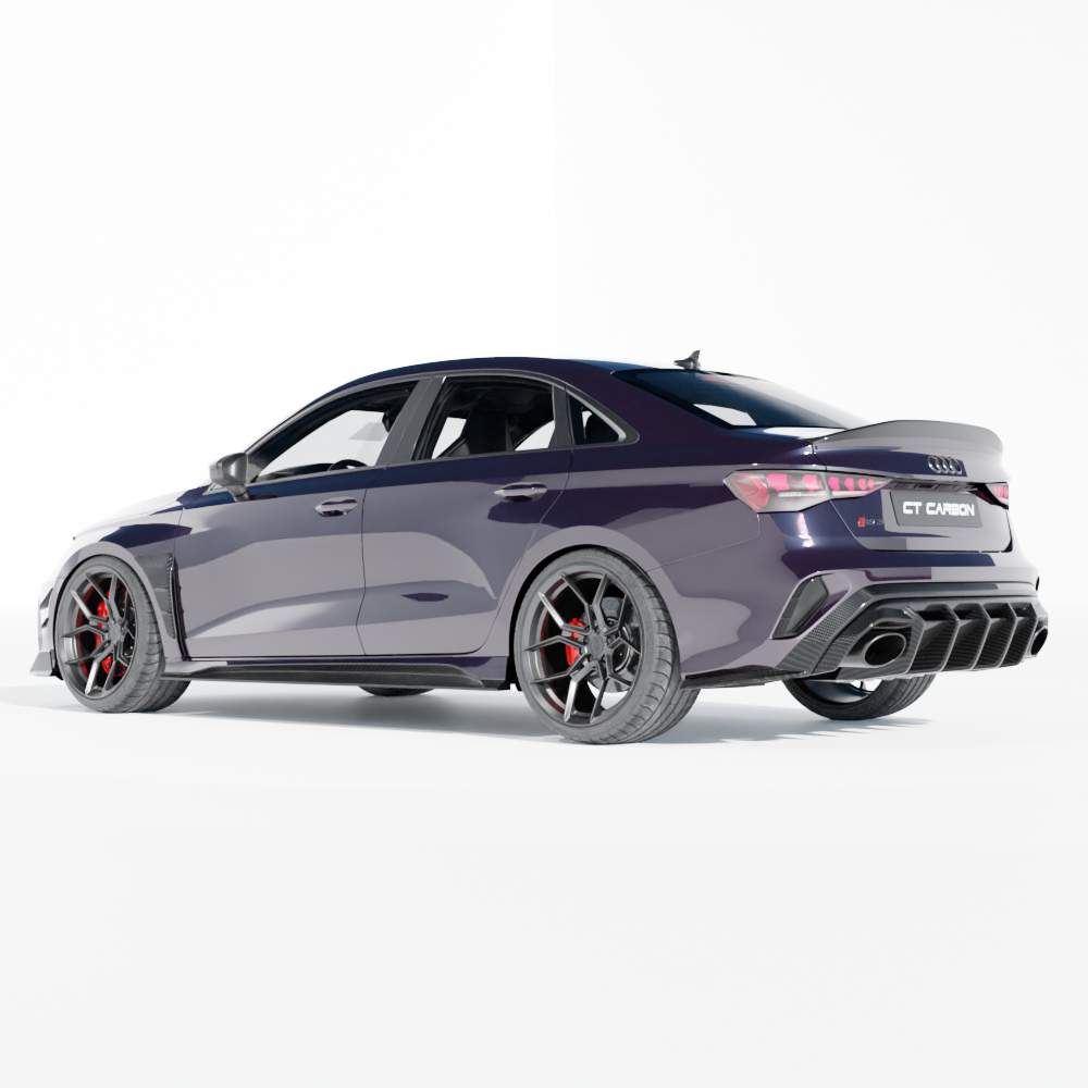 Audi RS3 8Y 2025+ saloon carbon fibre diffuser by CT Design, showcasing sleek V1 aerodynamic design and textured carbon finish.