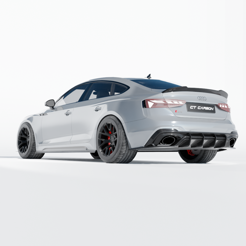 Full view of the CT Carbon Audi RS5 B9.5 Sportback 2020-2024 full carbon fibre kit on a sleek black car.