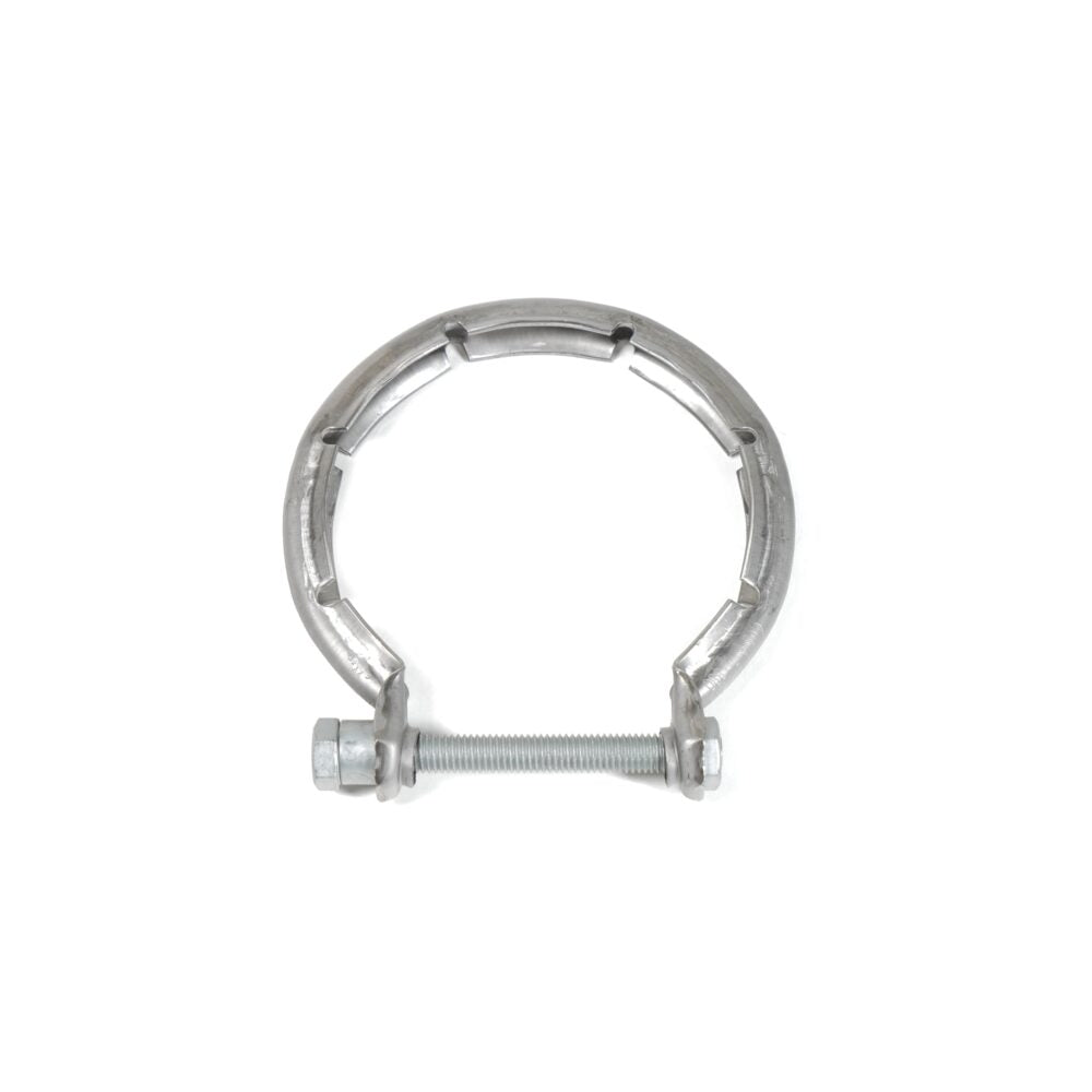 Genuine BMW exhaust clamp and gasket set, shown on a white background, includes metal clamp and rubber gasket for vehicle exhaust system.