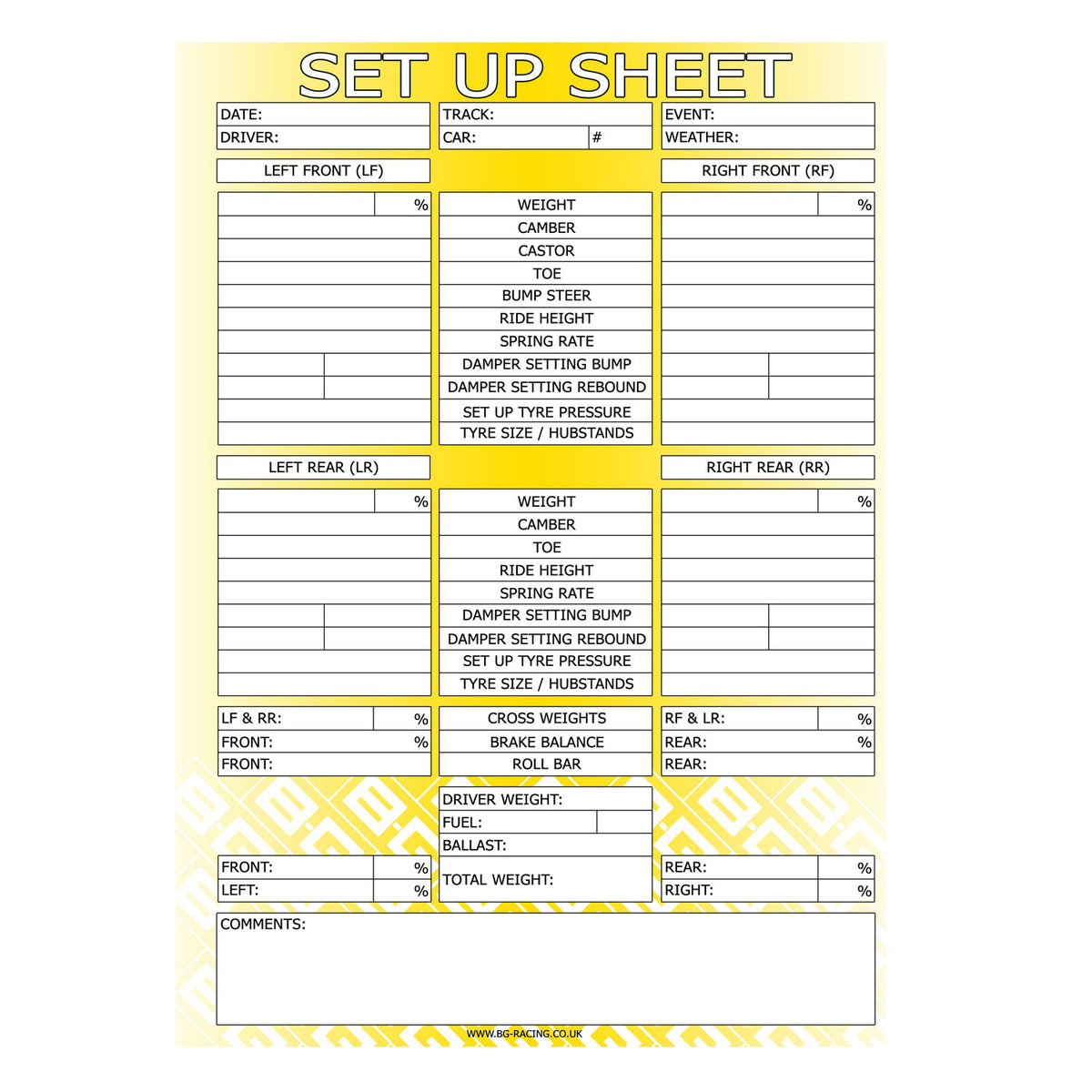 BG Racing BGR426 chassis set up sheet for recording motorsport alignment and suspension settings