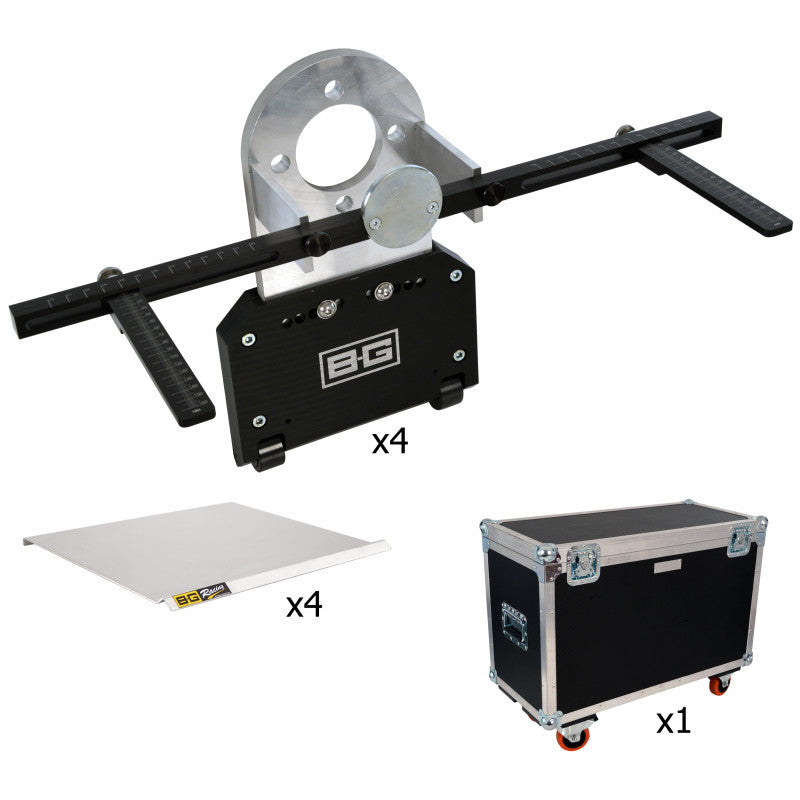 BG Racing Hub Stands Pro Kit with Toe Stick Pro assemblies, safety plates and flight case