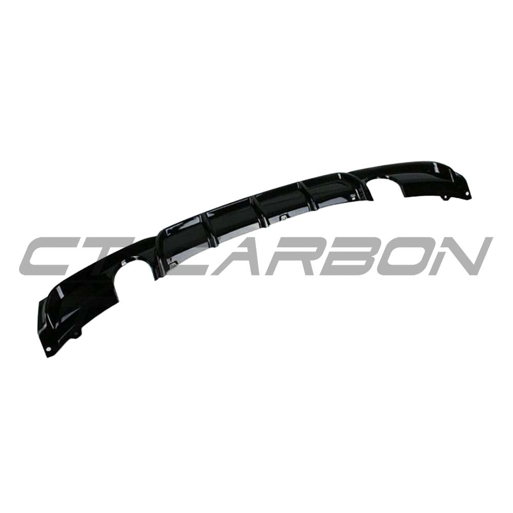 BMW 3 Series F30 F31 gloss black dual exhaust diffuser by CT Carbon, MP style, showcasing sleek black finish and dual exhaust outlets.