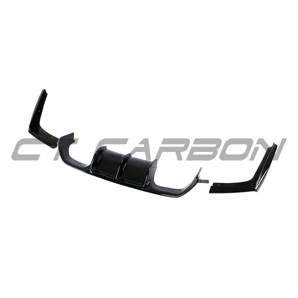 Black CT Carbon V-style diffuser for BMW M3 M4 F80 F82 F83 models, showcasing a sleek gloss black finish and aerodynamic design.