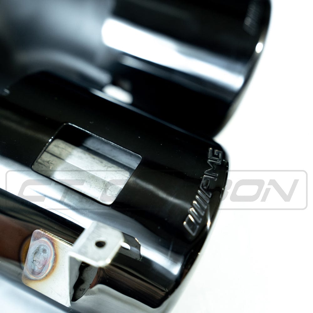 CT Carbon gloss black quad tip diffuser for Mercedes A-Class W177, stylish rear bumper accessory with four exhaust tips.