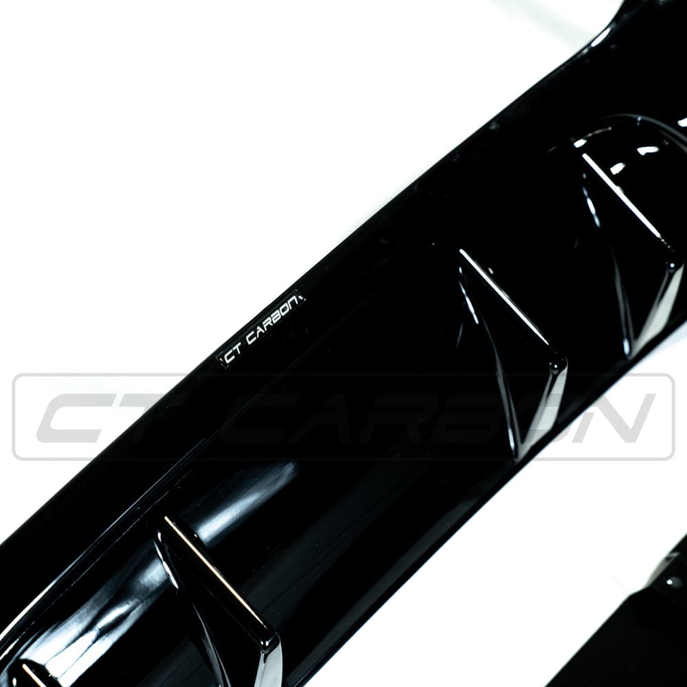 CT Carbon gloss black quad tip diffuser for Mercedes A-Class W177/V177 2018-current, showing sleek finish and fitment details.