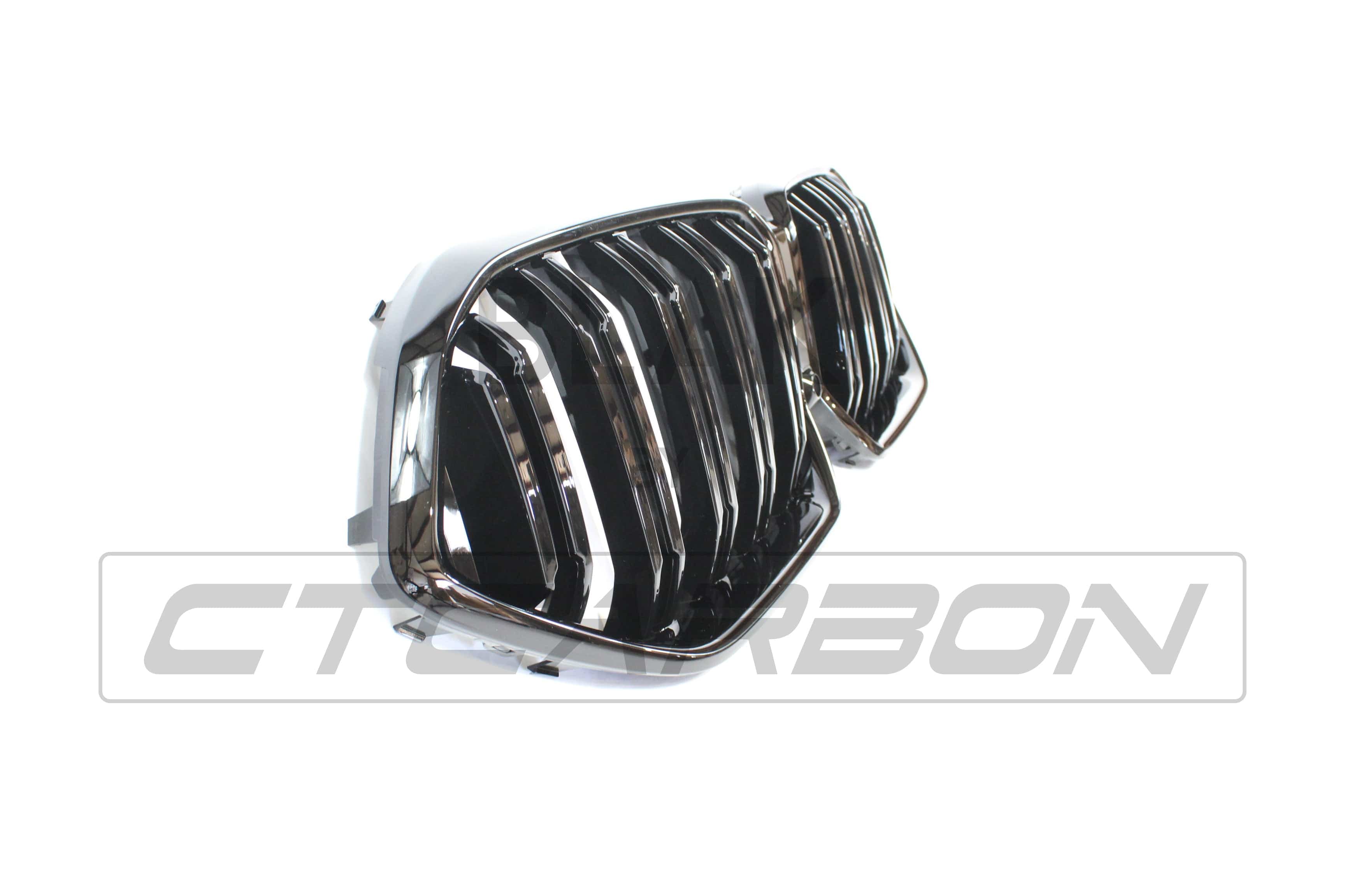 BMW G06 X6 2019-2023 double slat black grille by CT Carbon, close-up of sleek black grille design on vehicle front.