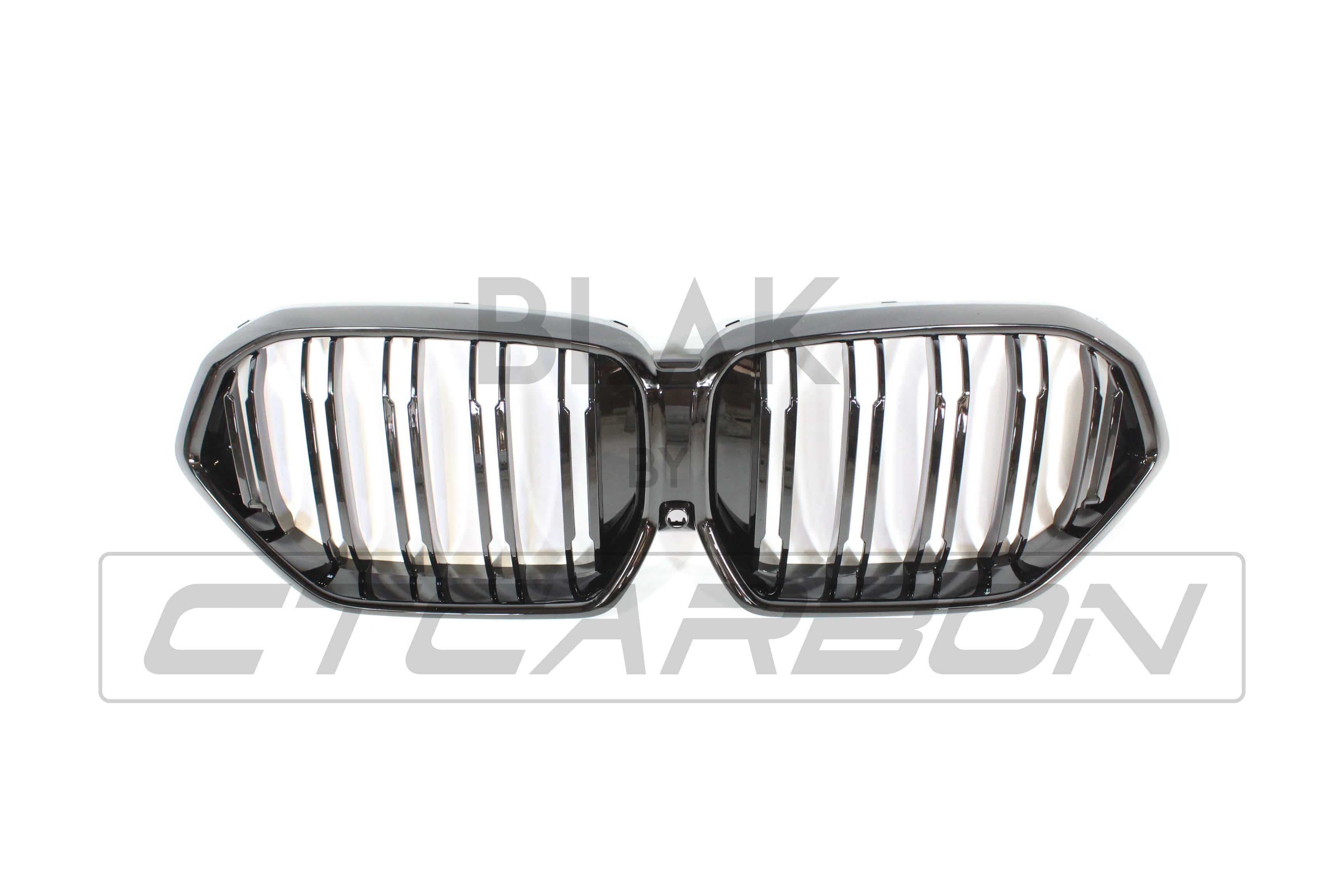 BMW G06 X6 2019-2023 double slat black grille by CT Carbon, close-up view showing sleek black finish and grille design.