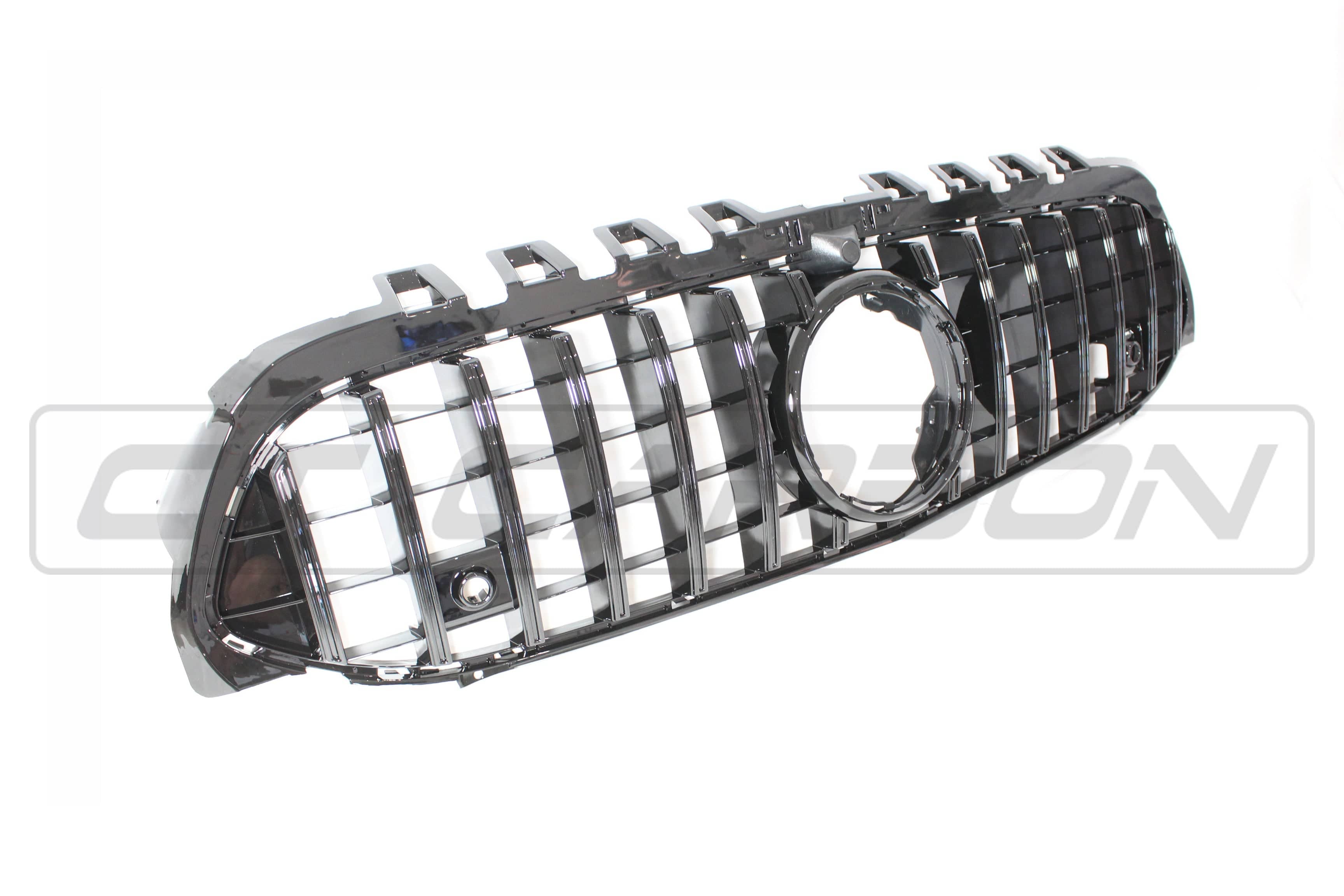 Mercedes V177 W177 A-Class PanAmerica black grille by CT Carbon, featuring a sleek, aggressive design on a shiny black finish.