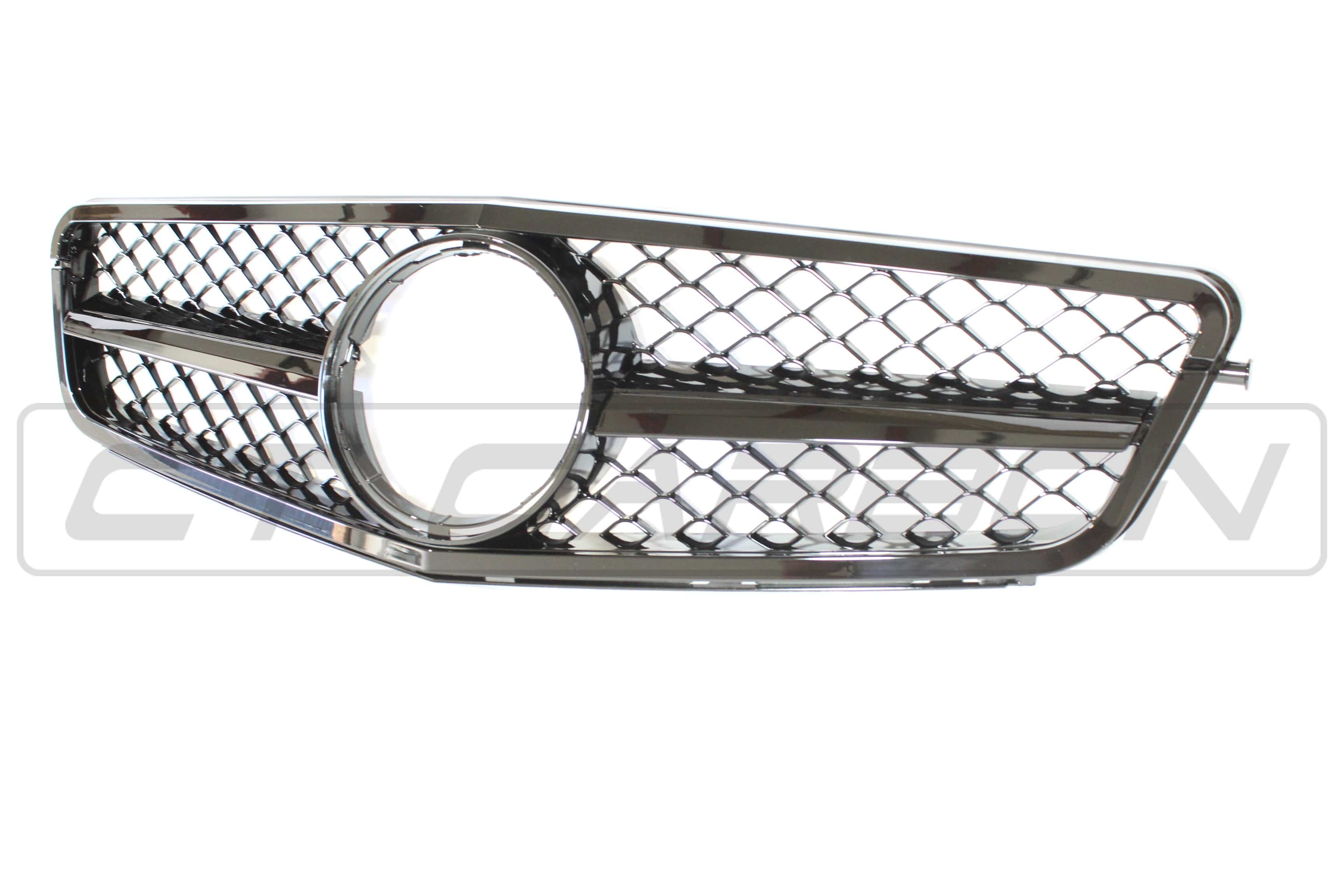 Black grille for Mercedes W204 C-Class by CT Carbon, featuring a sleek design and AMG styling details.