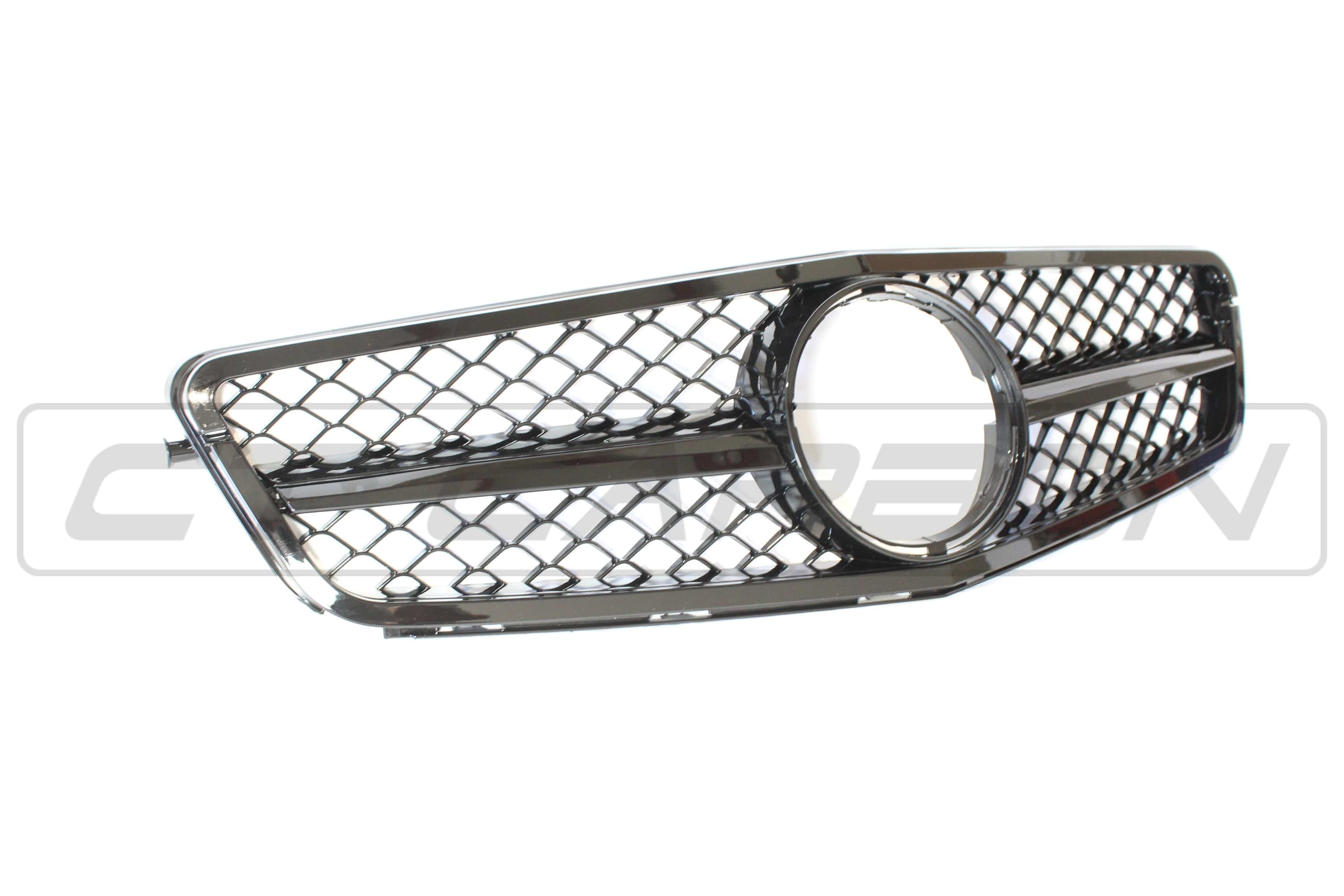 Black CT Carbon grille for Mercedes W204 C-Class, featuring a sleek design and C63 AMG styling details.