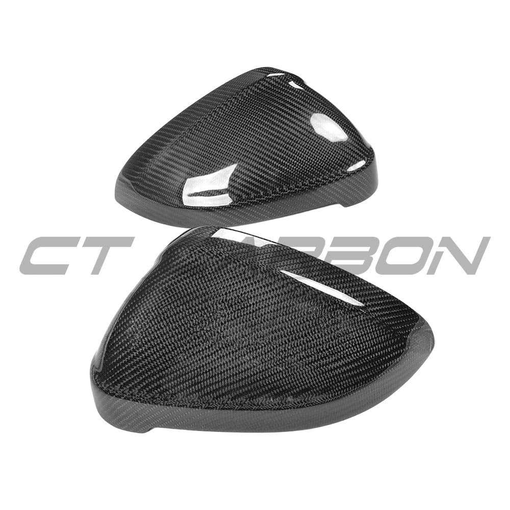 Black carbon fibre mirror replacements for Audi A4, S4, A5, S5 B9 2016+ models by CT Carbon, showing sleek car side mirrors.