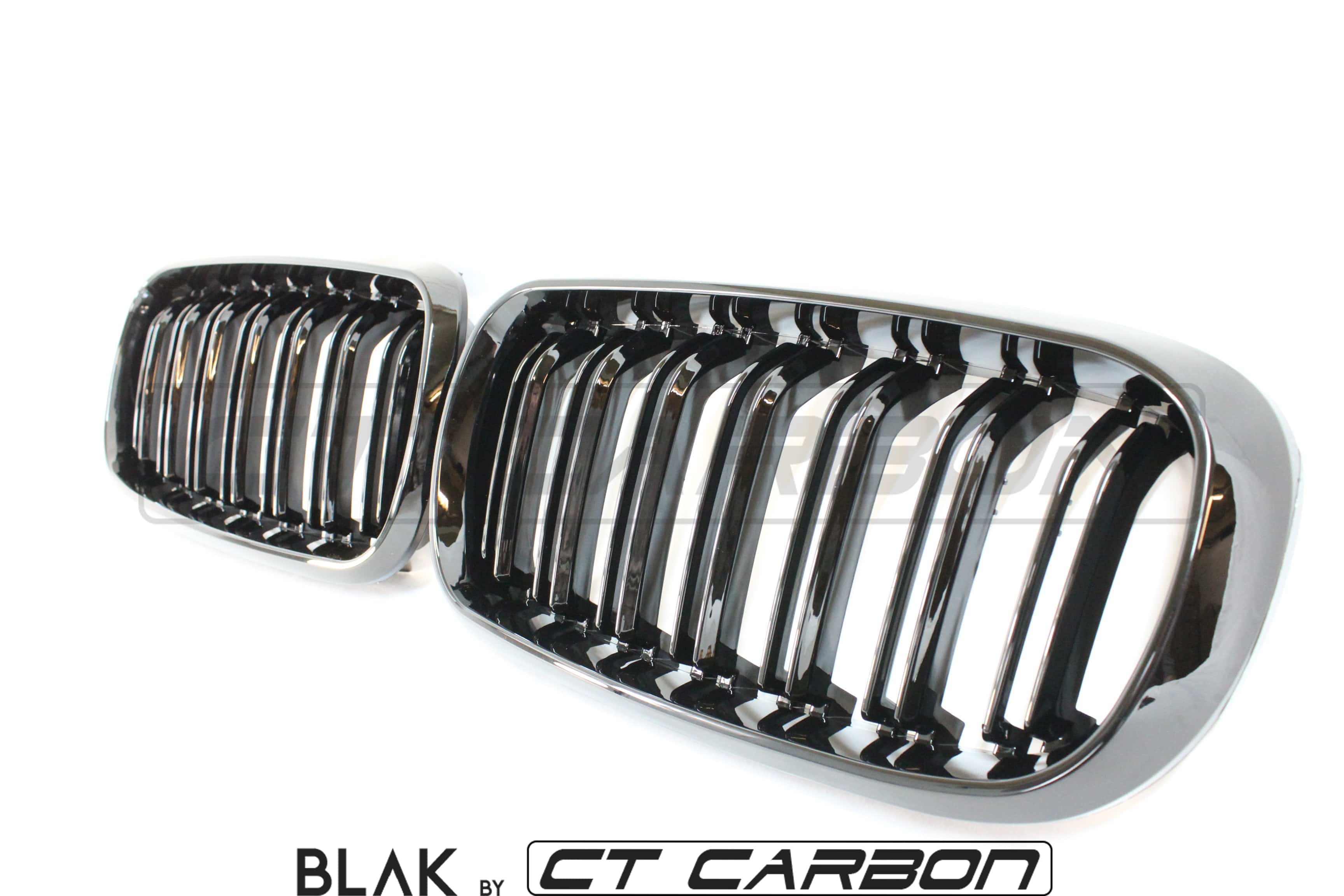Black CT Carbon double slat grille for BMW X5M and X6M F15 and F16 models, featuring sleek split design for a sporty look.