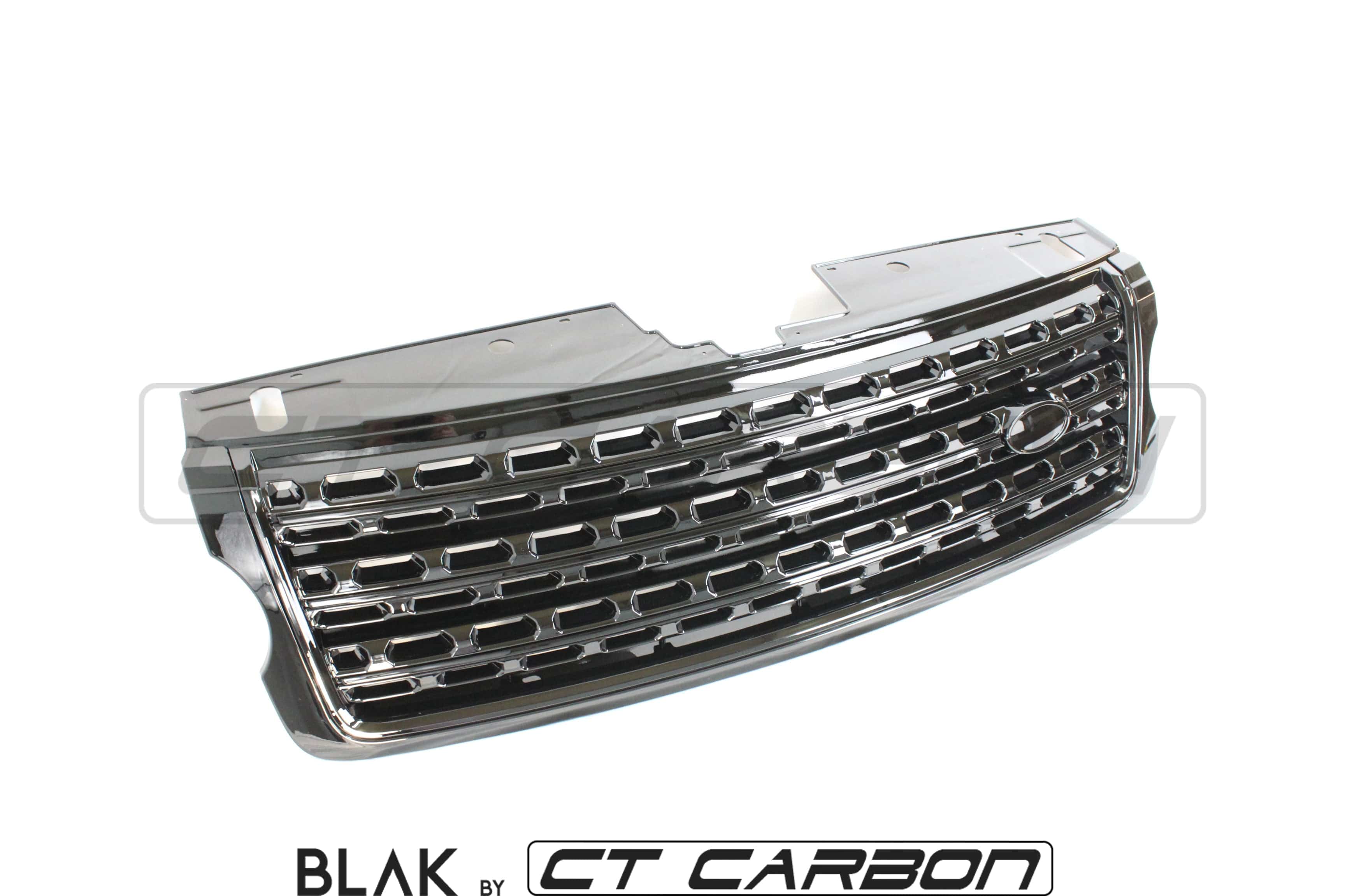 Black CT Carbon splitter kit for Range Rover Vogue L405 Full Black Edition, 2013-2017, installed on the front bumper.