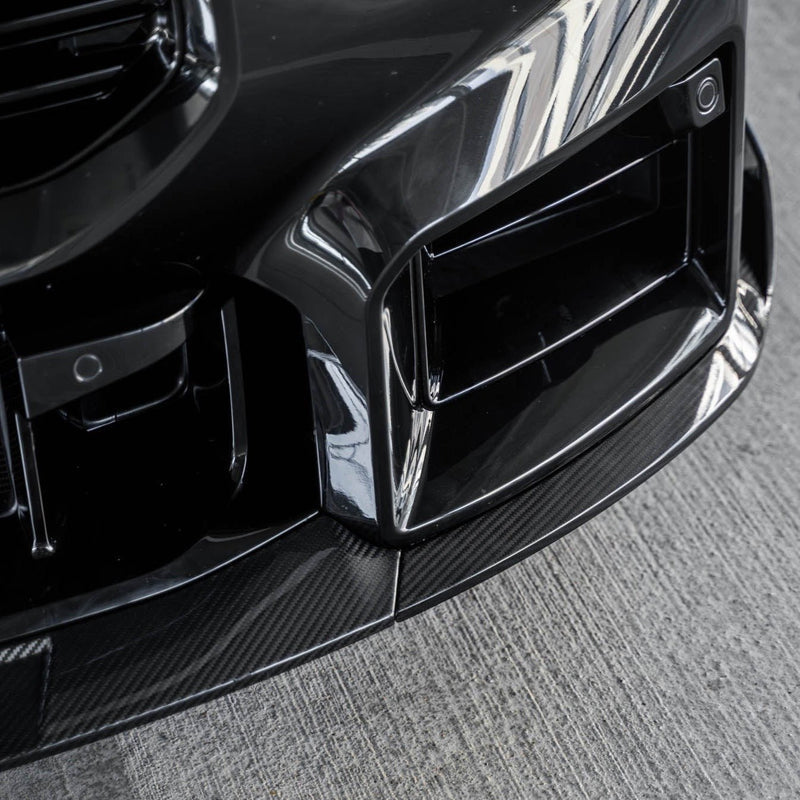 BMW G87 M2 TREVORA TR87 carbon fiber front splitter with winglets, designed for aerodynamic performance on 2023+ models.