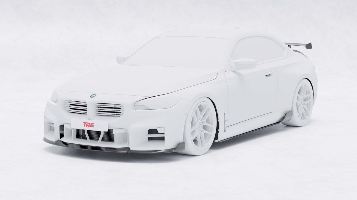 BMW G87 M2 TR87 carbon body kit by TREVORA featuring winged carbon fiber components on a sleek sports car.