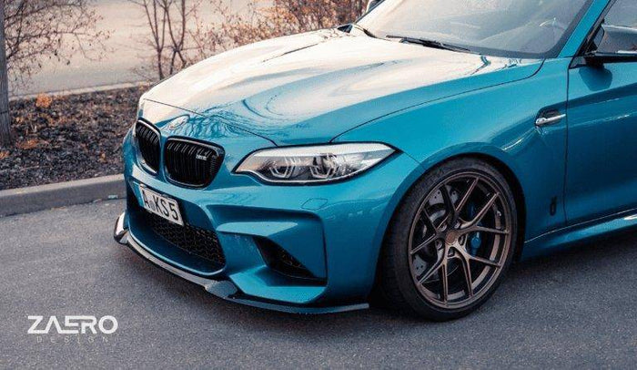 BMW M2 F87 EVO-S gloss black front splitter by ZAERO, designed for 2015-2018 BMW M2 F87, showcasing a sleek aerodynamic upgrade.