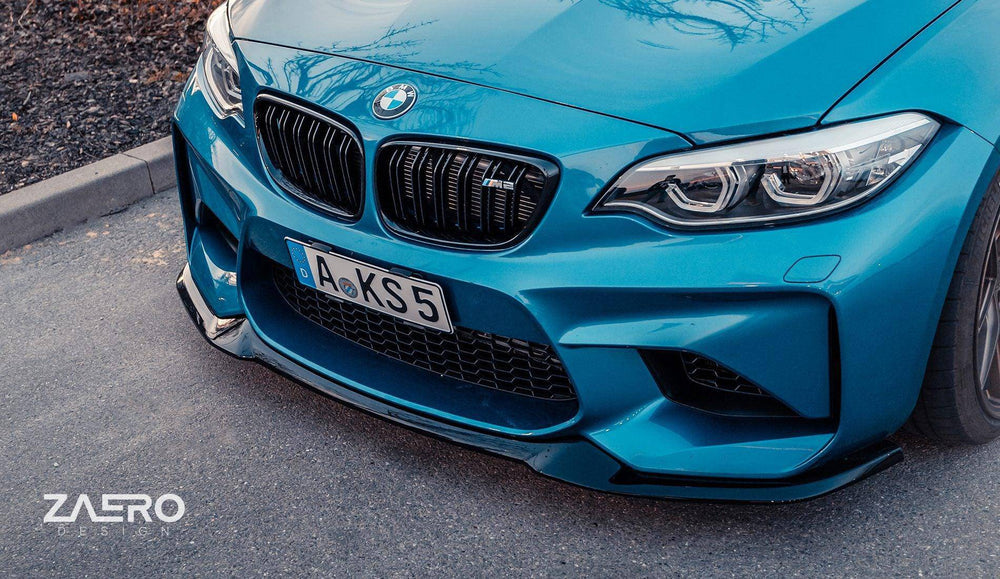 BMW M2 F87 EVO-S front splitter in gloss black by ZAERO, designed for 2015-2018 BMW M2 F87, enhances sporty front end appearance.