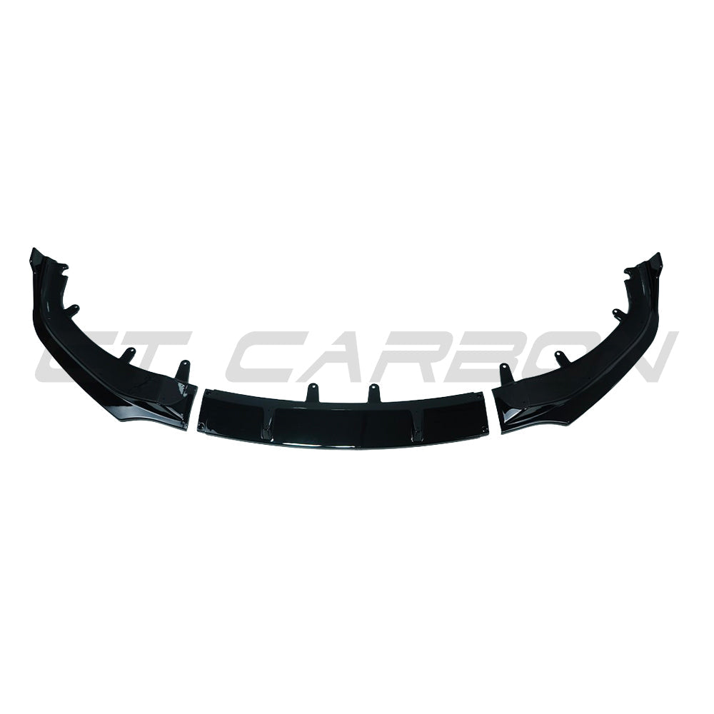 BMW 8 Series G14 G15 G16 2018-2020 CT Carbon gloss black front splitter installed on vehicle.