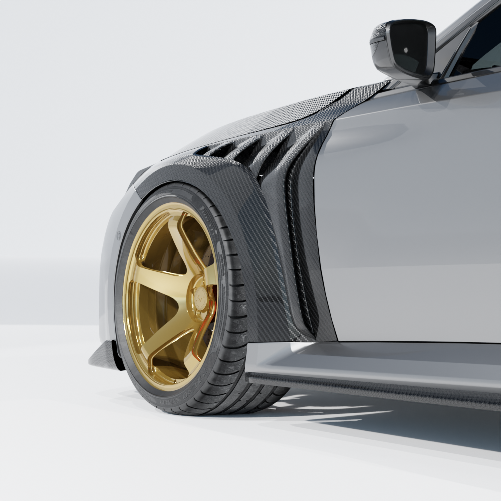 BMW G87 M2 carbon fibre front fenders by CT Design, showing sleek, lightweight fenders with carbon fiber weave and aerodynamic design.