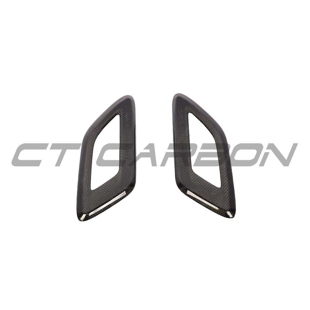 Carbon fiber bonnet intake trim for Range Rover Sport by CT Carbon, showing the sleek, textured finish on the vehicle's hood.