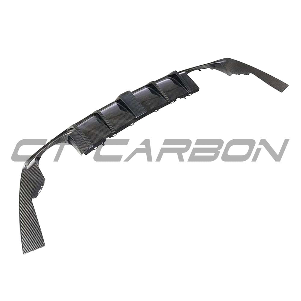 CT Carbon Audi RS3 8V saloon rear carbon fiber diffuser with DTM light, showcasing sleek, high-performance automotive design.