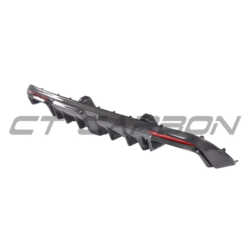 CT Carbon diffuser and exhaust tips for Mercedes W205 C63 and C63S saloon, showcasing carbon fiber finish and B-style design.