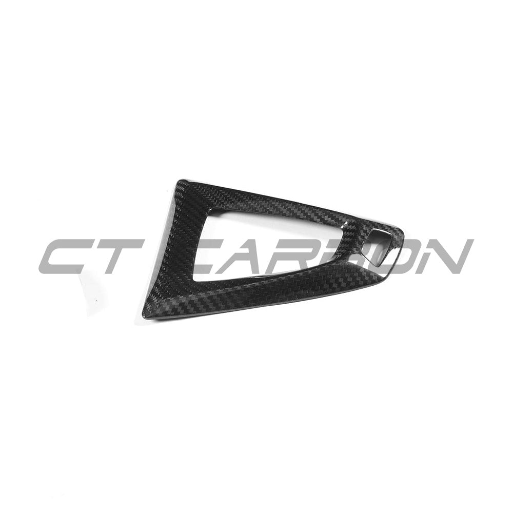 BMW Fxx M car DCT shifter surround by CT Carbon, interior accessories, LHD model, carbon fiber finish, sleek car interior detail