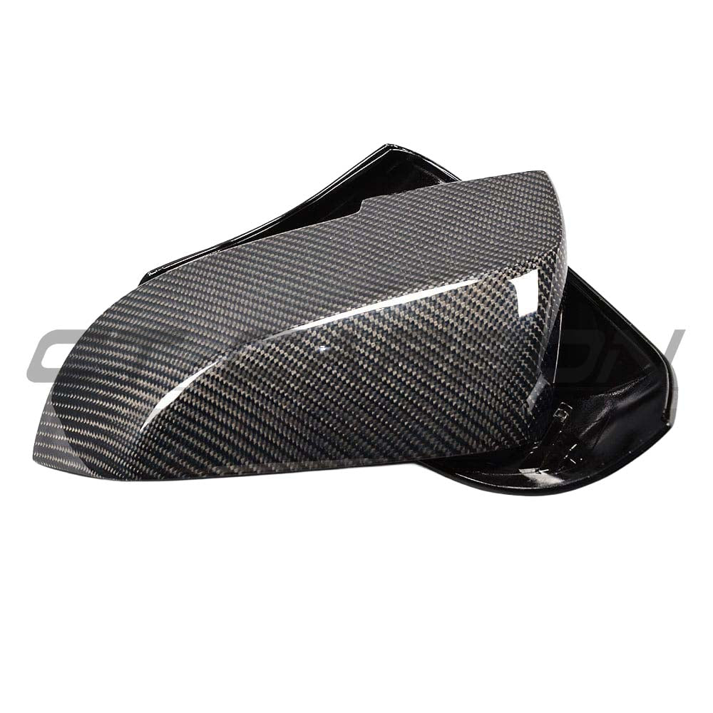 BMW Fxx series carbon mirror replacement by CT Carbon, OE-style side mirrors for 1, 2, 3, 4 Series, showcasing sleek design.