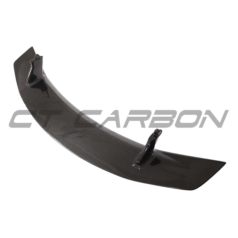 Rear view of a CT Carbon Audi R8 V10 Gen 2/2.5 carbon fiber V-style spoiler wing on a sports car.