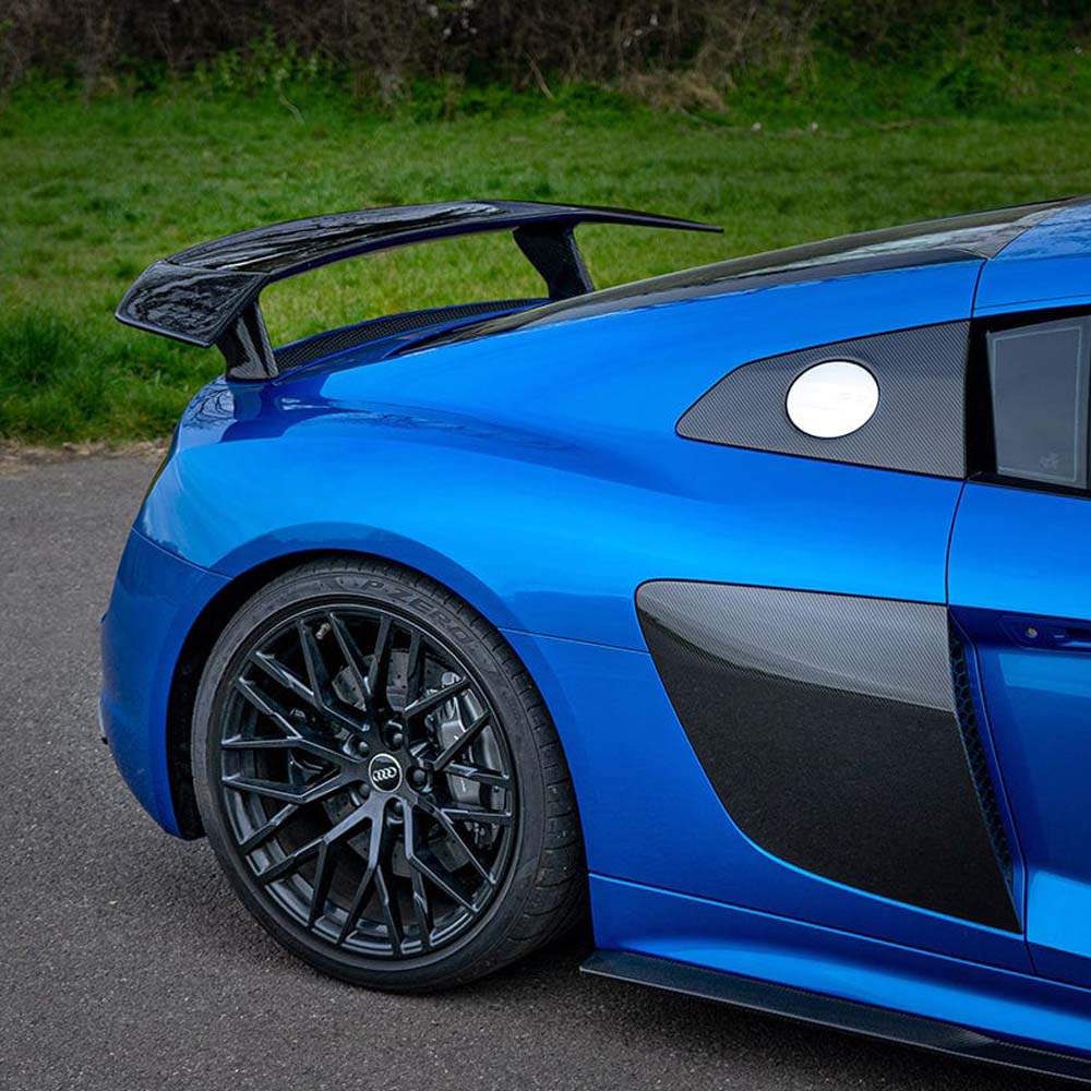 CT Carbon rear spoiler wing for Audi R8 V10 Gen 2/2.5 with carbon fibre V-style design, enhances aerodynamics and sporty appearance.