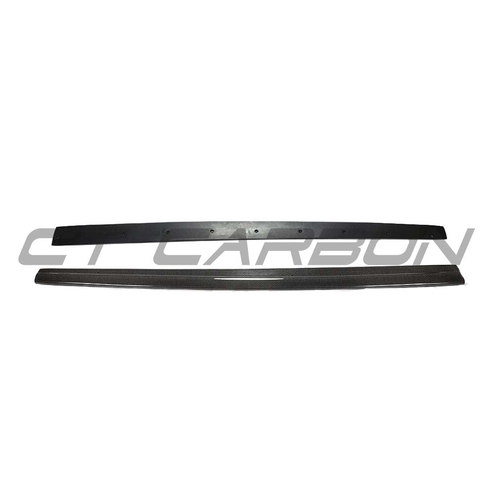CT Carbon Audi RS3 8V saloon full carbon fibre side skirts kit installed on side of the car, showcasing sleek, high-quality carbon detailing.