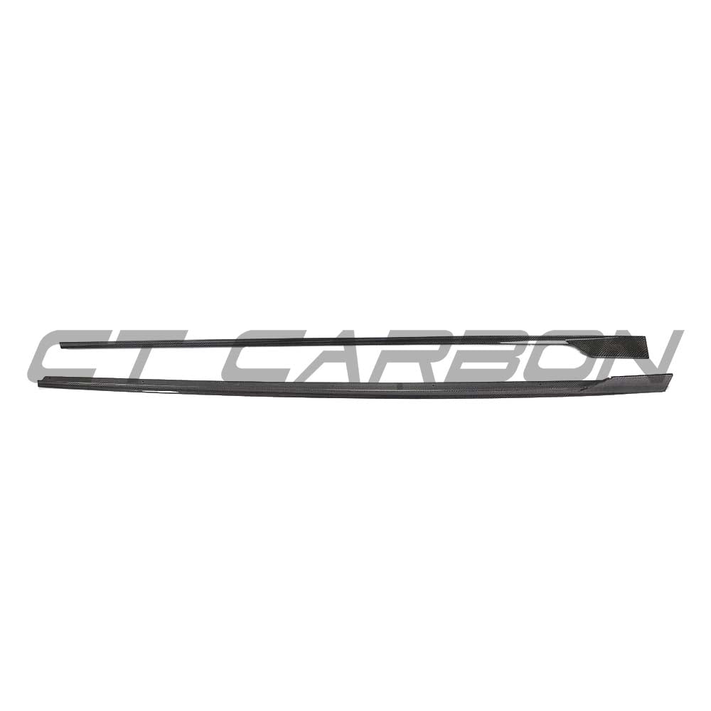 Carbon fibre side skirts for Audi A3/S3/RS3 8V saloon by CT Carbon, showing the sleek, aerodynamic design on the vehicle.